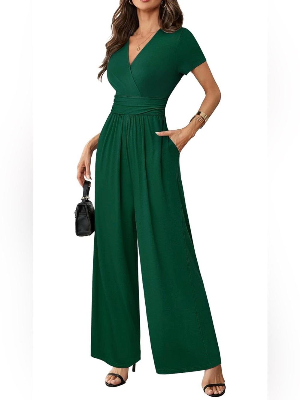 Green Wide Leg Jumpsuit Wrap V Neck Pockets Stretch Womens M